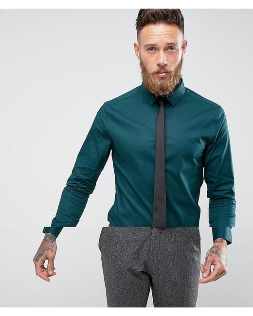 ASOS Green Skinny Teal Shirt With Black Tie Save for men