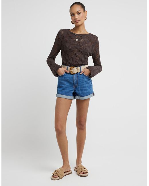 River Island Blue Mid Rise Ripped Shorts