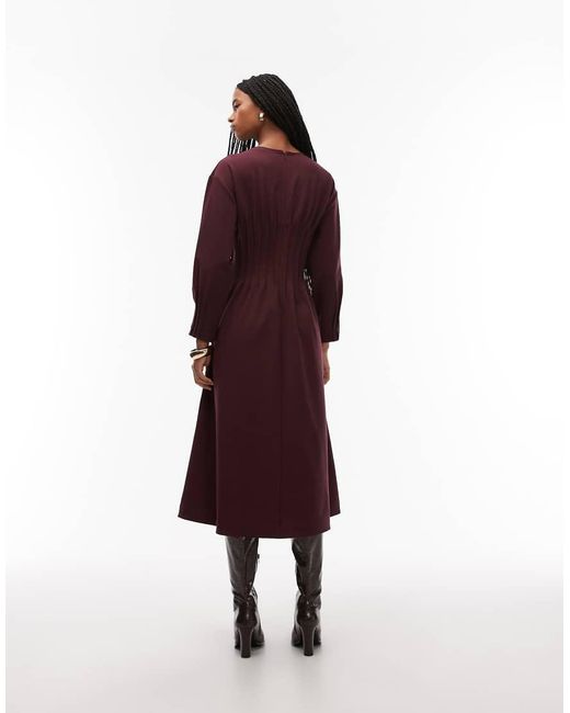 ARKET Red V-Neck Cinched Waist Midaxi Dress With Volume Sleeves