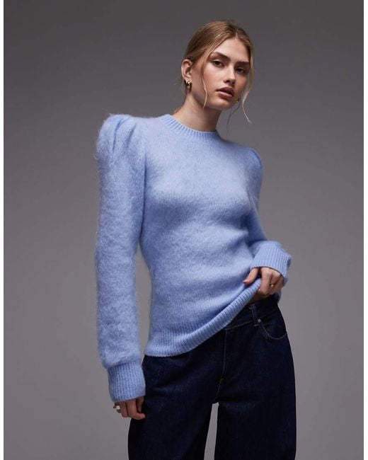 & Other Stories Blue Wool And Mohair Blend Jumper With Volume Sleeves