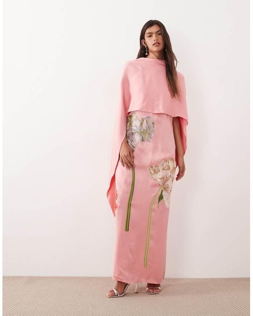 ARRANGE Pink Floral Embroidered Satin Overlay Maxi Dress