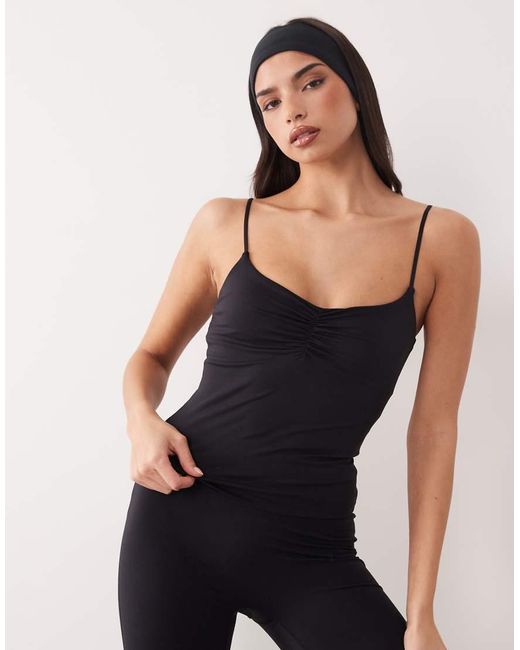 Gina Tricot Black Mix And Match Soft Yoga Ruched Singlet Top