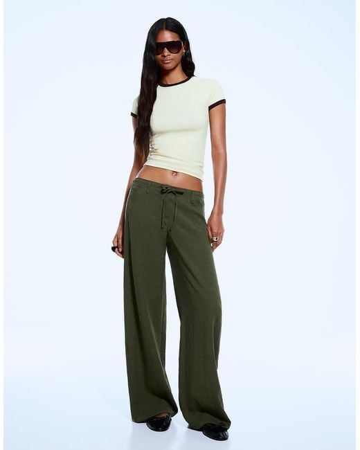 Bershka Green Rustic Wide-leg Trousers