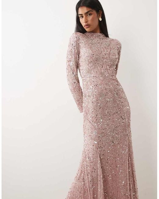 Beauut Pink Embellished Long Sleeve Maxi Dress