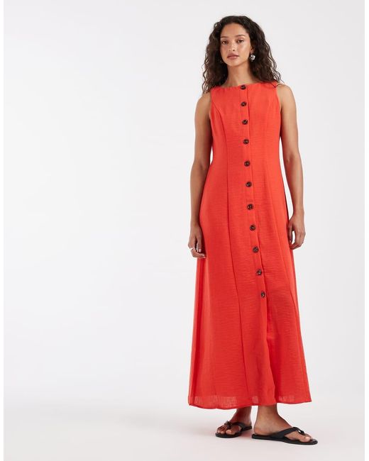 Vero Moda Red Linen Look Button Front Maxi Dress