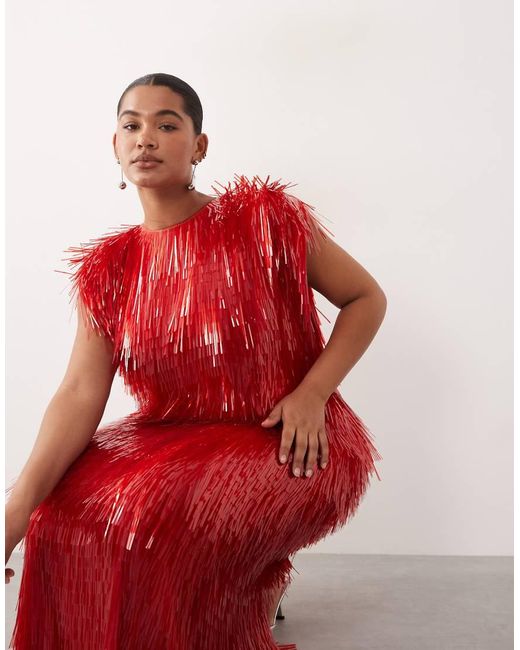 ARRANGE Red Curve All Over Shard Sequin Strong Shoulder Maxi Dress