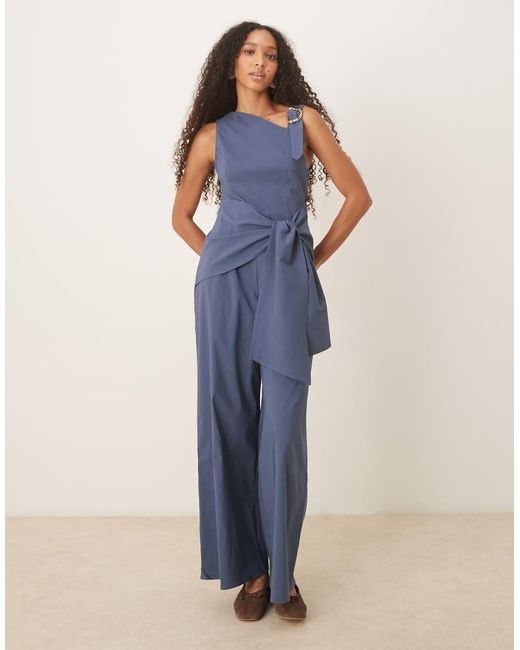 ASOS Blue Asym Liquid Strap Detail Jumpsuit With Wrap Over
