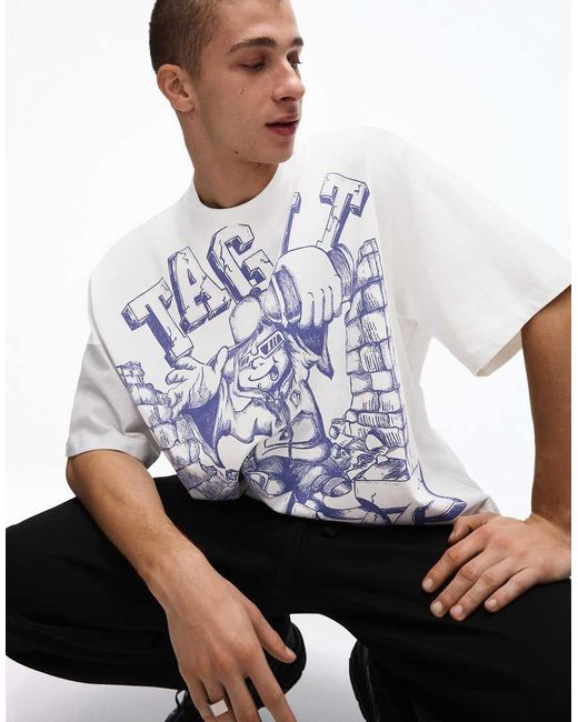 Bershka White Short Sleeve Boxy Oversized Print T-shirt for men