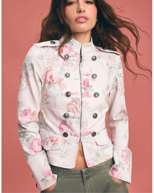 Stradivarius White Floral Print Buttoned Jacket