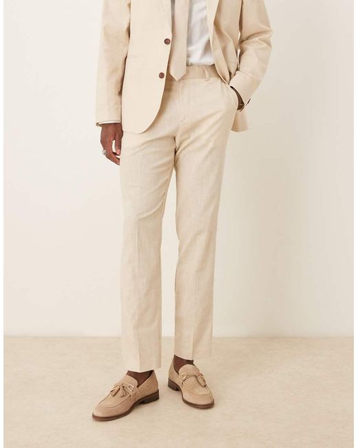 ASOS Natural Linen Look Slim Suit Trousers With Front Pleat for men
