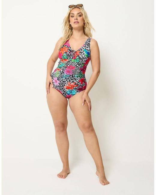 Yours Clothing Black Leopard Floral Lace Up Swimsuit