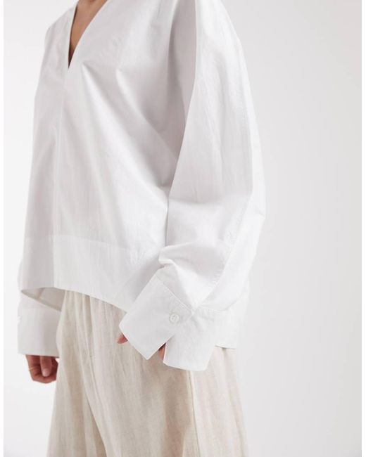 & Other Stories White Pure Cotton Poplin V Neck Balloon Shape Blouse