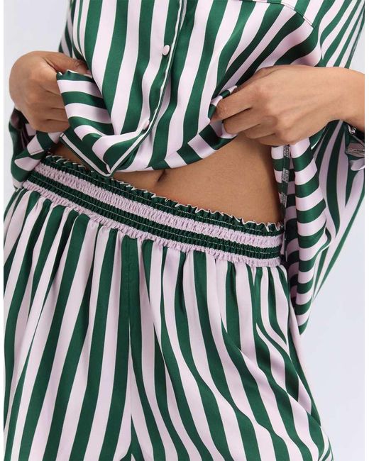 Boux Avenue Multicolor Oversized Satin Short Pyjama Set Striped Top And Shorts Pj
