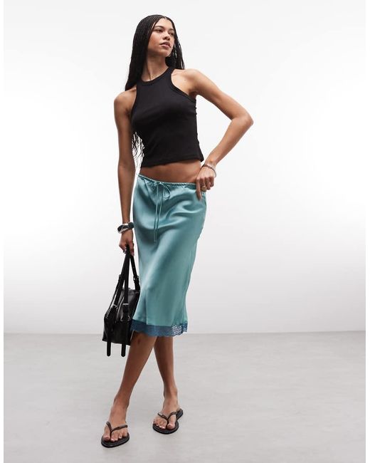 Reclaimed Vintage Blue Awkward Length Satin Midi Skirt With Lace Trim