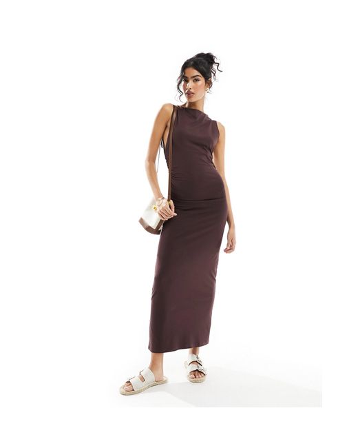 ASOS Brown Boat Neck Maxi Dress With Ruched Sides