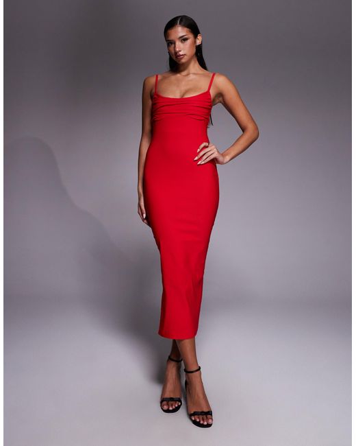 Vesper Women's Red Bengaline Cami Strappy Ruched Bust Midaxi Dress