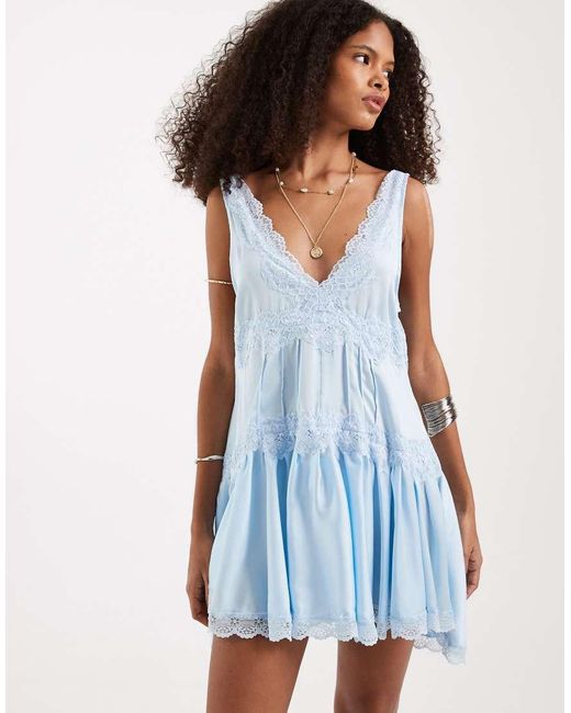 Free People Blue In This Groove Mini Slip Dress In