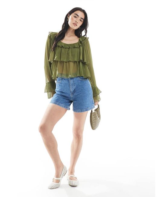 Miss Selfridge Green Chiffon Layered Tie Front Top