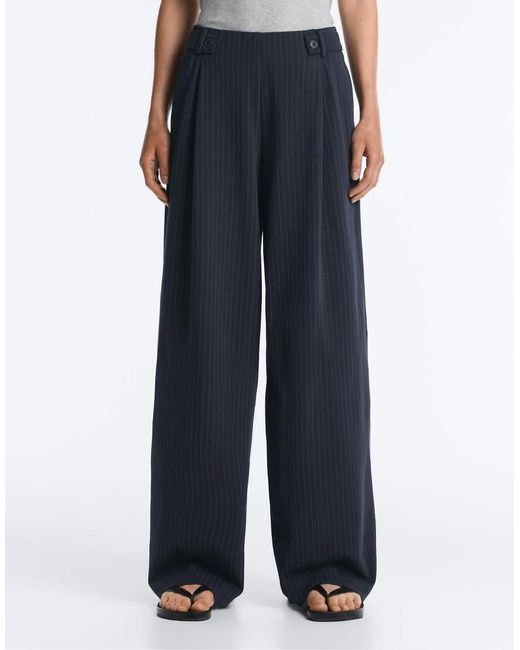 Oysho Blue Pinstripe Cotton Pique Wide-Leg Trousers