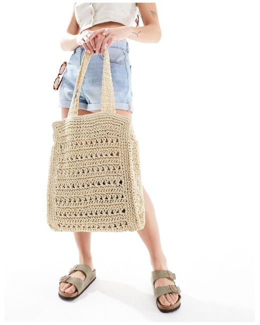 ASOS White Straw Hand Crochet Square Tote Bag With Open Weave