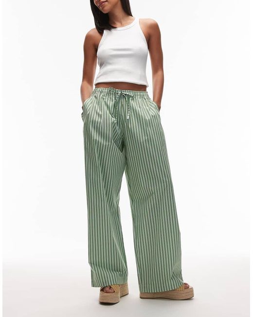 TOPSHOP Gestreepte Poplin Broek Met Wijde Pijpen En Elastische Taille in het Green