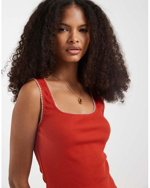 ASOS Red Ribbed Scoop Neck Vest With Blanket Stitch Detail