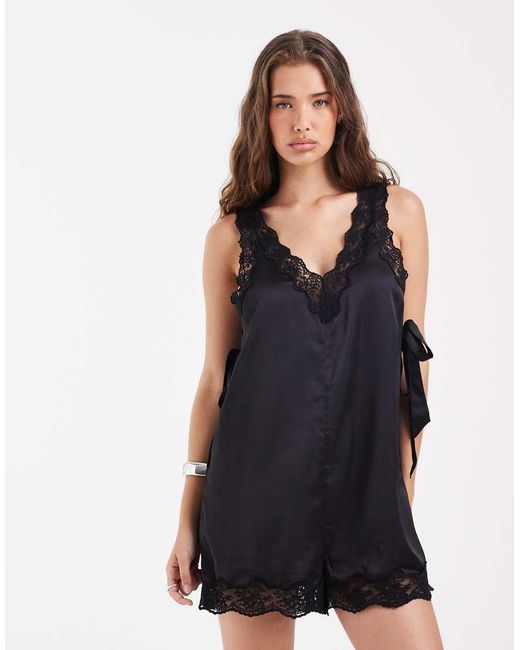 ASOS Black Satin V Neck Playsuit With Lace Trims