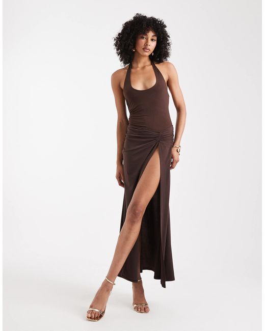 Miss Selfridge Brown Halter Neck Maxi Dress