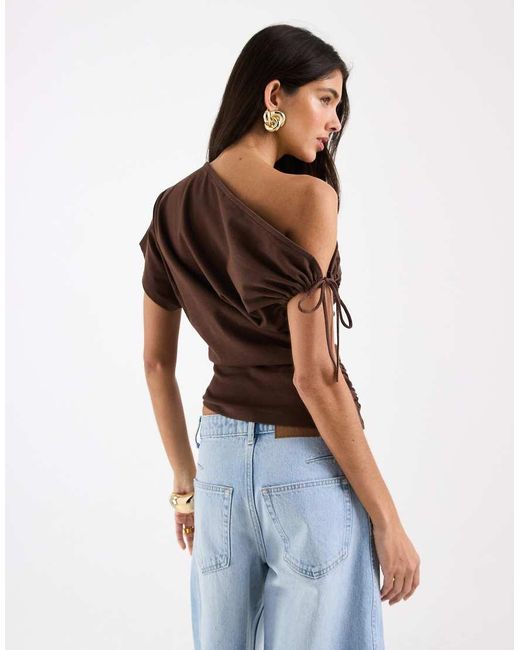 ASOS Red Ruched Sleeve Fallen Shoulder Waisted Tee