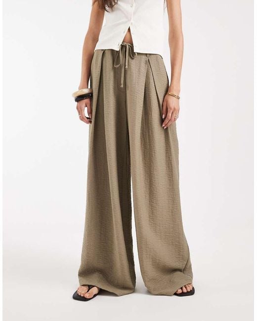 ASOS Natural Asos Design Tall Textured Wide Leg Pants With Tie Waist