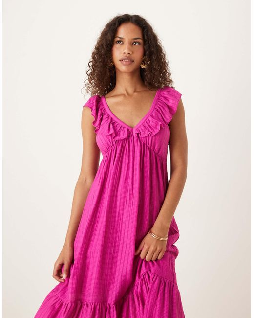 Mango Pink Cap Sleeve Ruffle Midi Dress