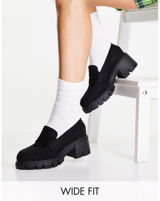 ASOS Black Wide Fit Storm Chunky Mid Heeled Loafers
