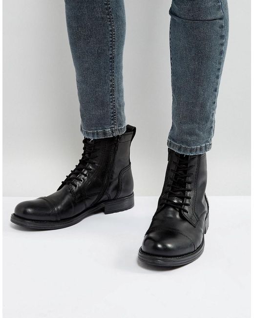 Jack & Jones Black Russel Leather Lace Up Boots for men