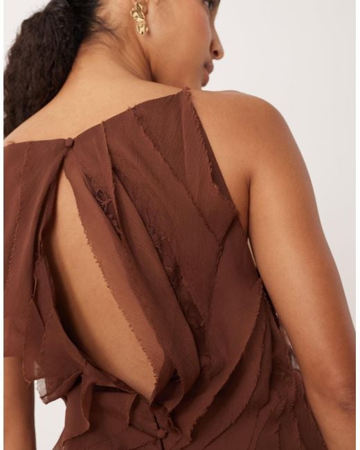 ASOS Brown High Neck Raw Edge Ruffle Maxi Dress With Lace Inserts