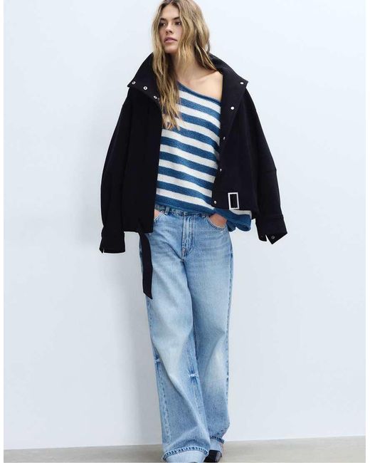 Stradivarius Blue Boat Neck Knit Sweater