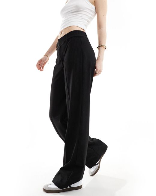 Pull&Bear Black Wide Leg Pinstriped Tailored Pants With Contrast Edge