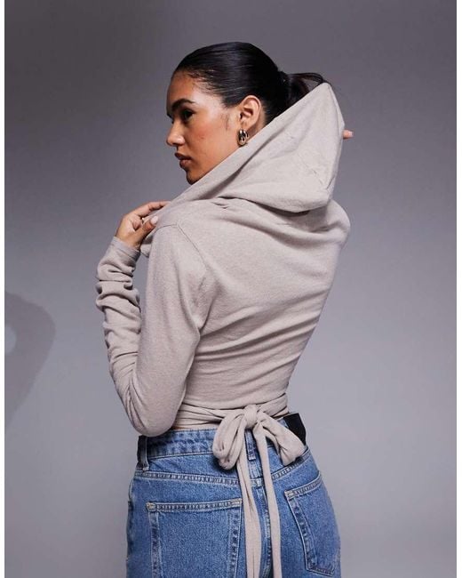 I.AM.GIA Gray Irina Knitted Plunge Neck Hooded Wrap Top