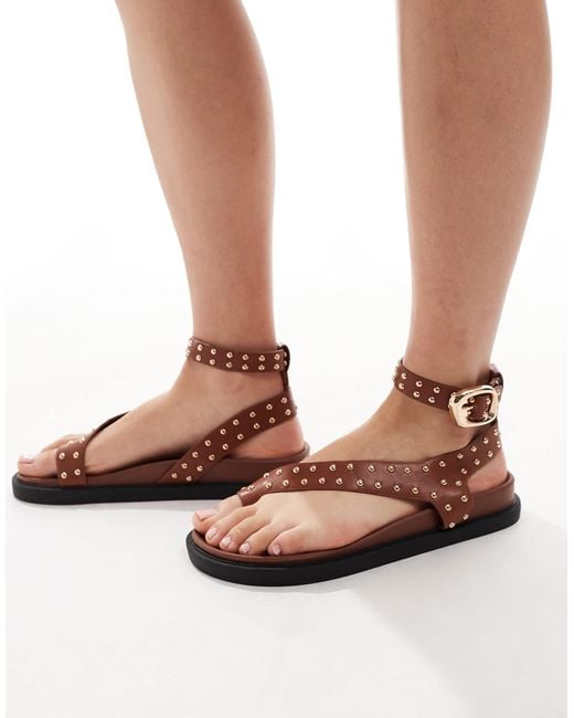 London Rebel Brown Flat Stud Toe Loop Sandals