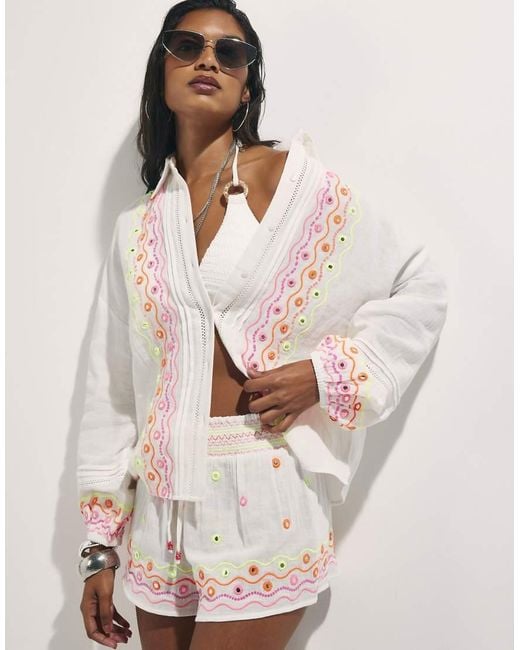 River Island Natural Cotton Mirror Embroidered Shirt