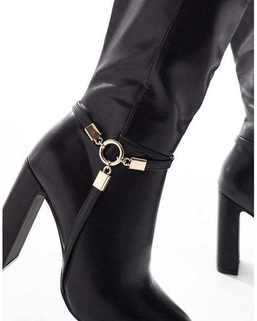 SEQWL Wide Fit Black Boost Buckle Detail Knee Boots