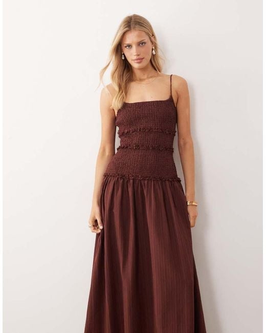 ASOS Brown Crinkle Maxi Sundress With Shirred Dropped Waist