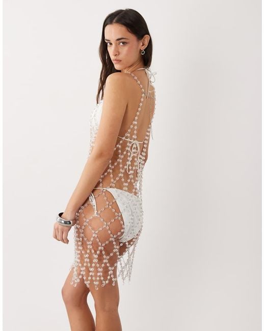 Miss Selfridge Natural Beach Premium Embellished Sheer Cowl Back Mini Dress
