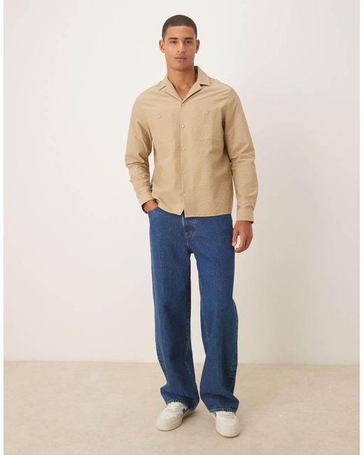 ASOS Blue Relaxed Revere Textured Shirt With Double Pockets for men
