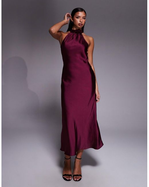 New Look Purple Satin Corsage Detail Halterneck Midi Dress