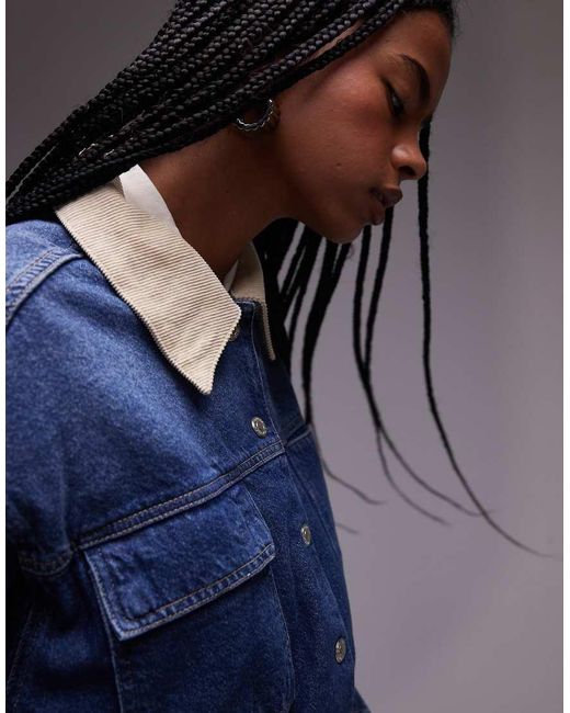 TOPSHOP Blue Denim Elasticated Waist Barn Jacket With Cord Collar