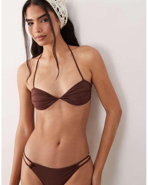 Mango Orange Tie Neck Ruched Bikini Top