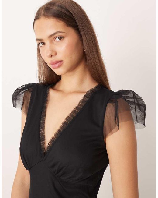LACE & BEADS Natural Sheer Cap Sleeve Ruffle Maxi Dress