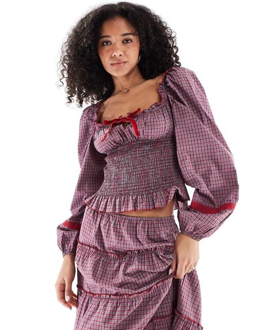 Daisy Street Purple Scoop Neckline Long Sleeve Shirred Bodice Blouse