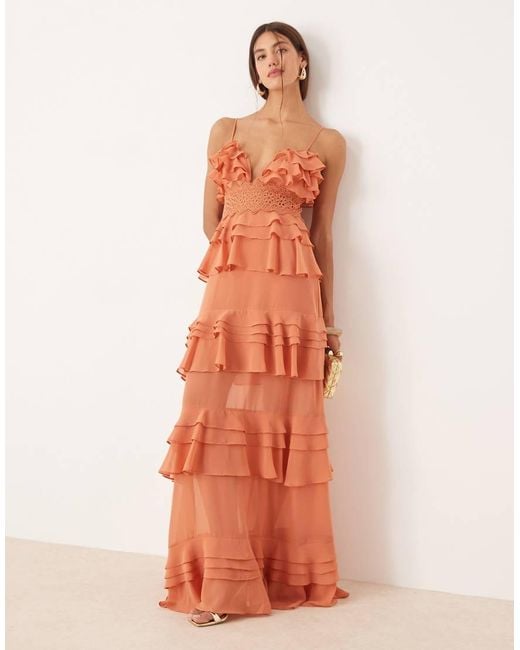 True Decadence Orange Tiered Ruffle V-Neck Maxi Dress