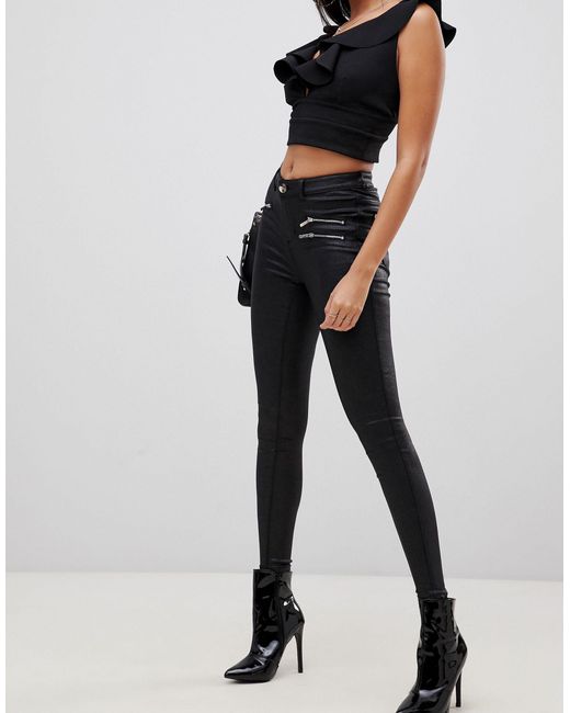 Lipsy Black Coated Jeans With Zip Detail